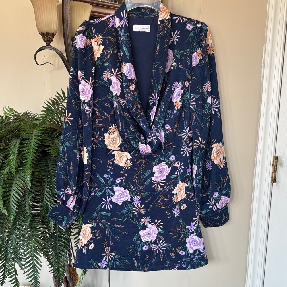 Lost + Wander Eva Floral Faux Wrap Mini Dress Long Sleeve Navy Blue Floral